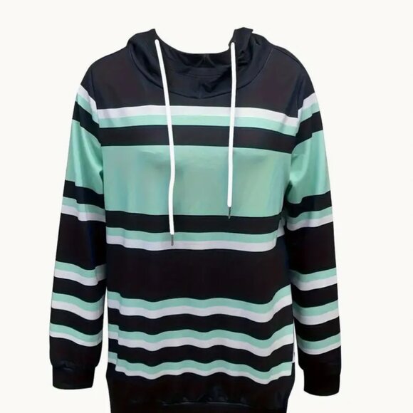 Lg Color Block Striped Print Hoodie Casual Long Sleeve Drawstring Hoodies Shirt - Picture 2 of 3